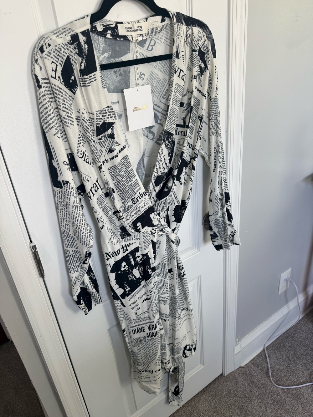 Diane Von Furstenberg Black and White Newspaper Print Midi Wrap Dress